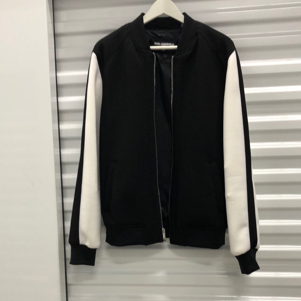 Karl Lagerfeld Black and White Varsity Bomber Jacket
